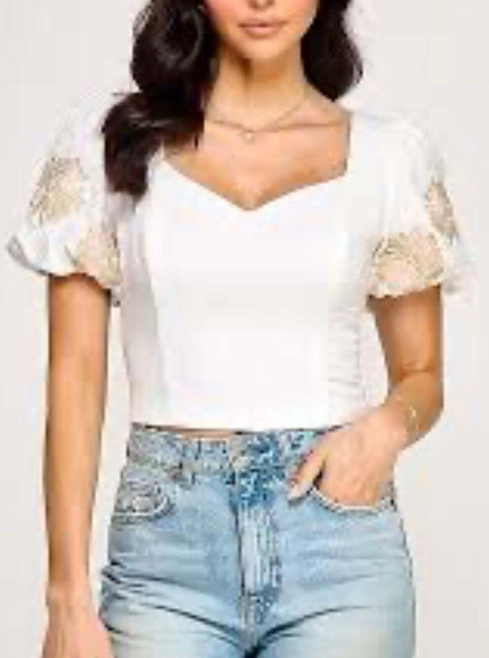 Milk & Honey White Puff Sleeve Cropped Top with Lace Details